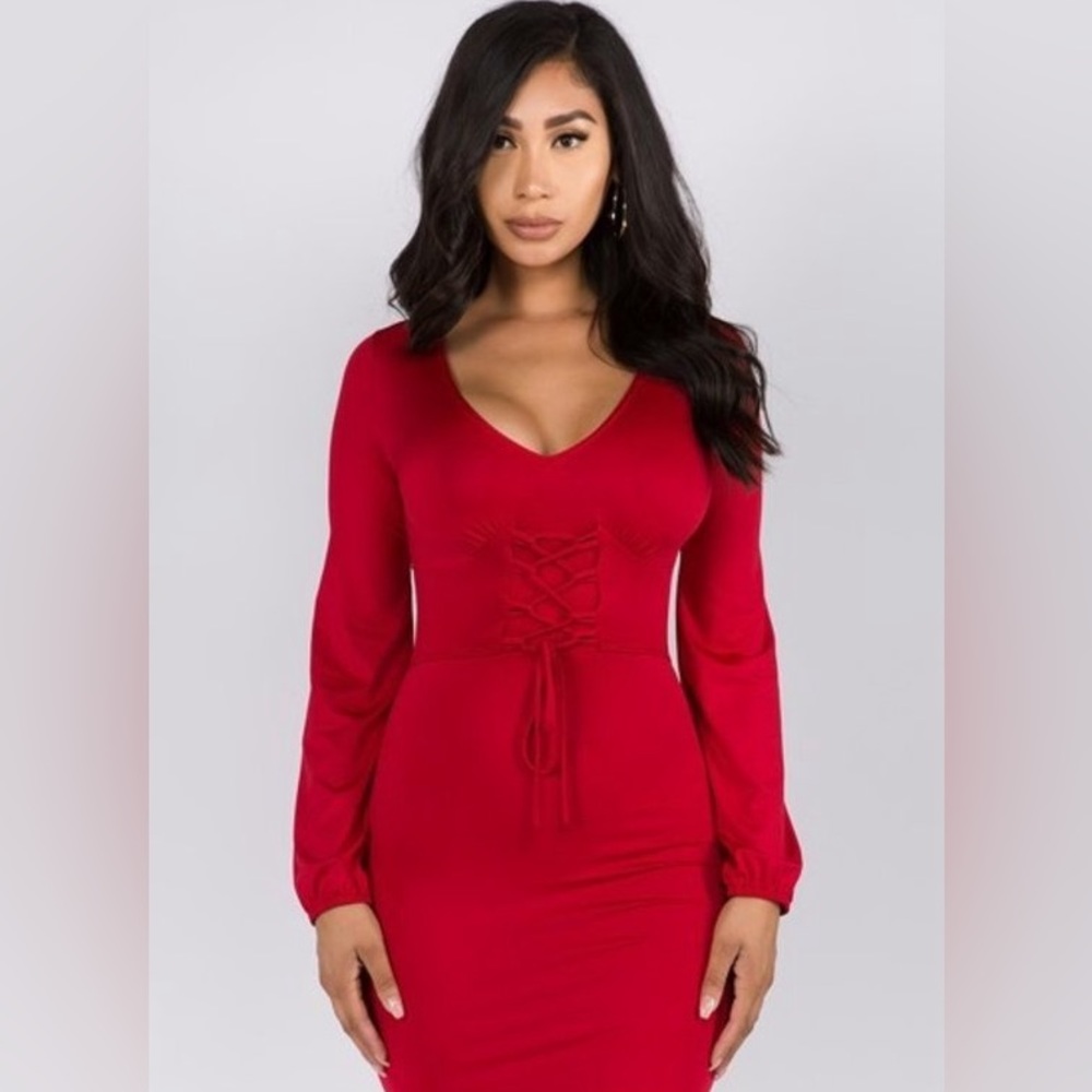 Red Bodycon Front Tie Long Sleeve Mini Dress NWT